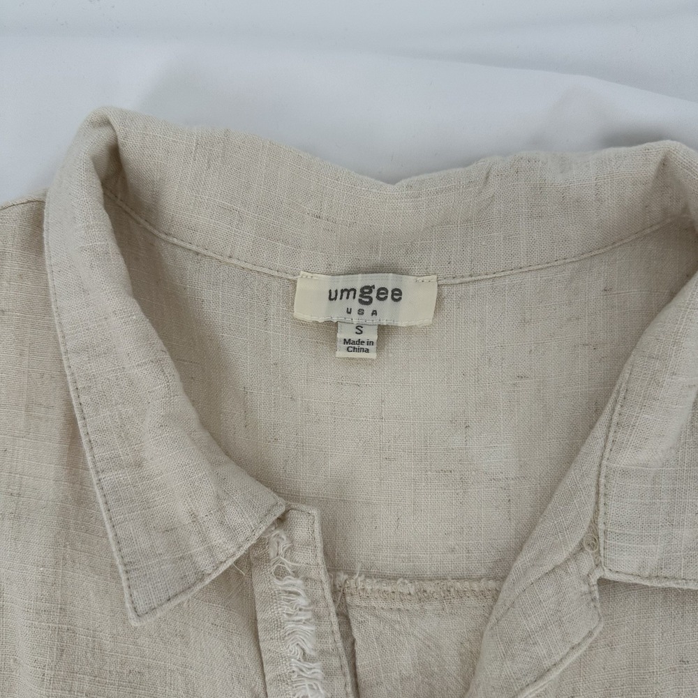 Umgee Sz S Oatmeal Beige Linen Blend Top Frayed Hem Shirt Rolled Cuff Sleeve - Picture 5 of 9